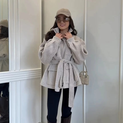 Casual Solid Woolen Loose Coats Women Belt Stand Collar Full Sleeve Zippers Lace Up Coat Female 2026 Autumn Lady Outwears