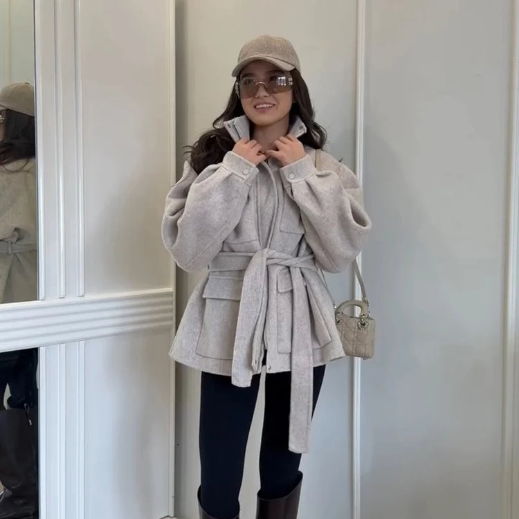 Casual Solid Woolen Loose Coats Women Belt Stand Collar Full Sleeve Zippers Lace Up Coat Female 2026 Autumn Lady Outwears