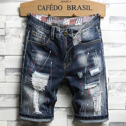 Men Ripped Short Jeans Summer Cotton Knee Length Shorts Breathable Vintage Denim Pants Painted Graffiti Streetwear Cargo Jeans PlatiNum