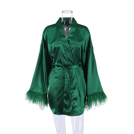 Accappatoi di piume Mini abito sexy in raso a maniche lunghe Vestaglia allentata per le donne Abito da sposa bianco Abiti da sposa neri