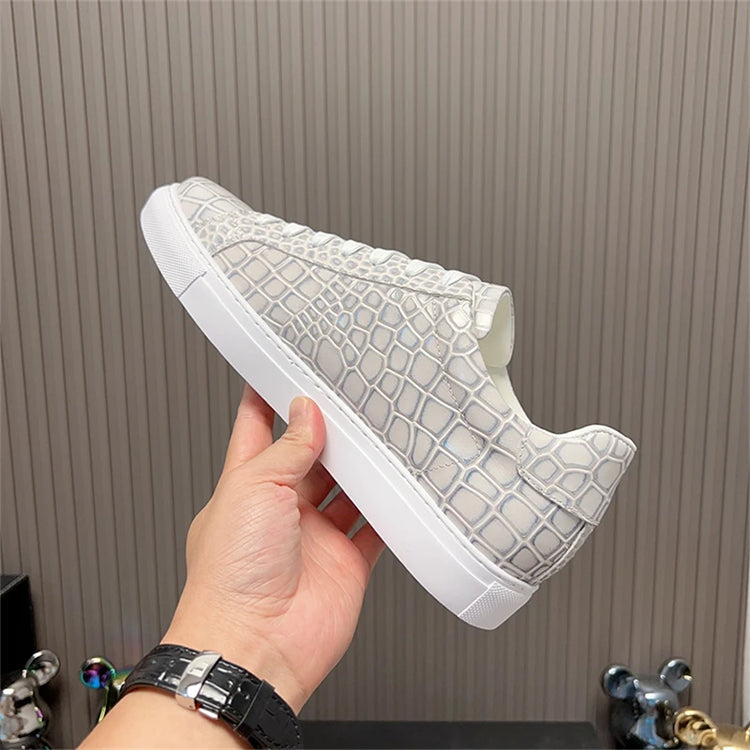 Leather Sneakers Men Calfskin Alligator Pattern Casual Shoes Lace Up Flats Daily Footwear