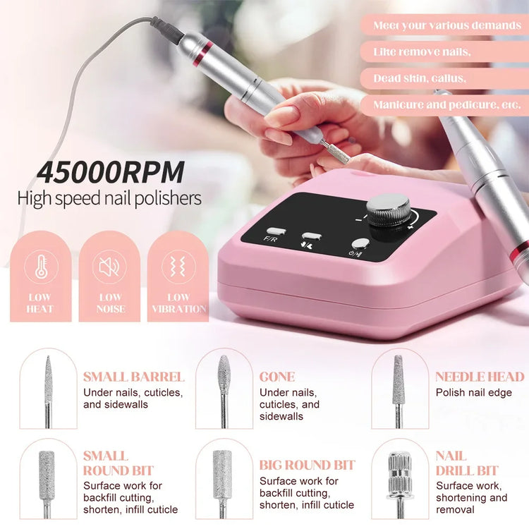 Professional Manicure Pedicure Nail Art Tool Electric Nail Drill High Rotation Speed Quick Nail Grinding Surface Polisher