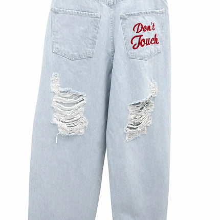 Jeans Strappati Stile Retrò Americano Y2k per Donne, Pantaloni in Denim con Due Aperture, Casual Goth Streetwear a Gamba Larga e Vita Alta