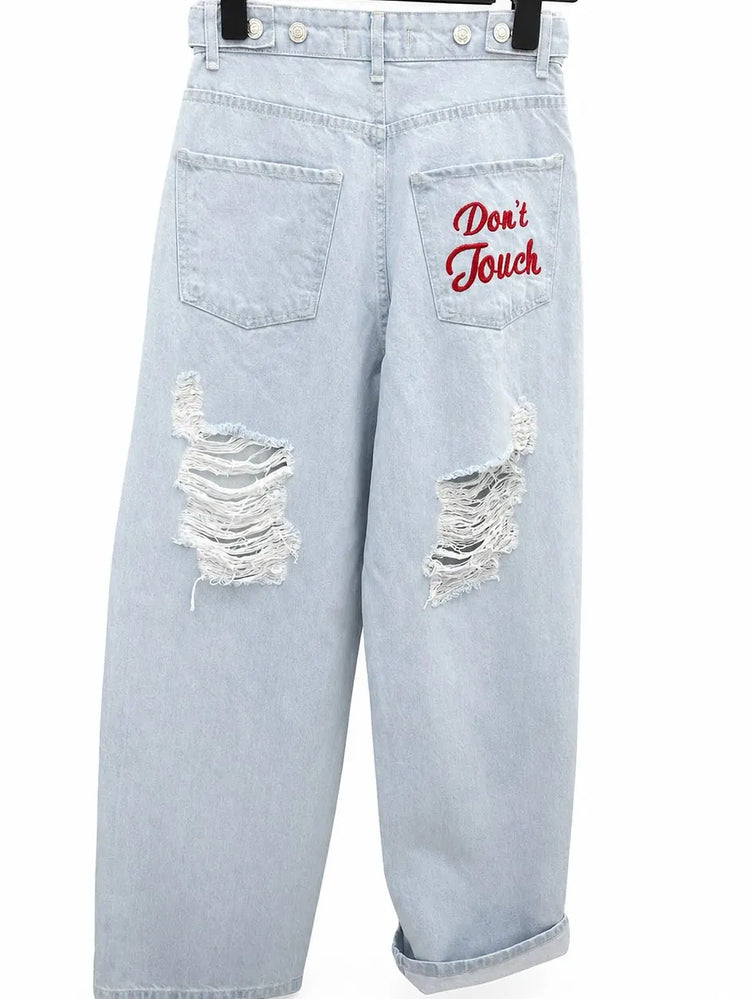 Jeans Strappati Stile Retrò Americano Y2k per Donne, Pantaloni in Denim con Due Aperture, Casual Goth Streetwear a Gamba Larga e Vita Alta