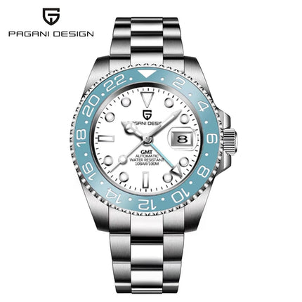 TOP PAGANI DESIGN PD1662 GMT Orologio meccanico automatico da uomo Cinturino in acciaio inossidabile Anello in ceramica blu Quadrante bianco Resistente all'acqua fino a 100 m Orologi da polso sportivi da uomo luminosi per uom