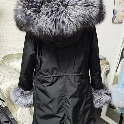 Winter Long Jacket Real Fur Coat Women Clothes Large Silver Fox Fur Collar Detachable Natural Fox Lining Parkas Leather Fur