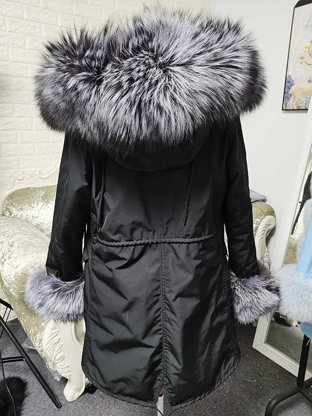 Winter Long Jacket Real Fur Coat Women Clothes Large Silver Fox Fur Collar Detachable Natural Fox Lining Parkas Leather Fur