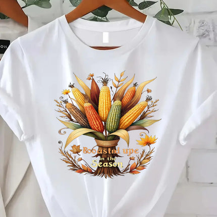 Comoda maglietta da donna con stampa "T-shirt con bouquet di mais del raccolto autunnale - Stile festivo della stagione autunnale"
