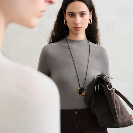 FSLE【Premium Series】German Biella Wool Autumn Super Fine Washable Seamless One-Piece Mock Neck Thermal Base Layer Shirt Women PlatiNum