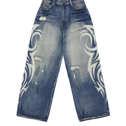 Jeans Vintage Y2k Strappati Deeptown per Donna, Pantaloni in Denim Blu Larghi con Stampa Harajuku, Stile Hip Hop Grunge Streetwear