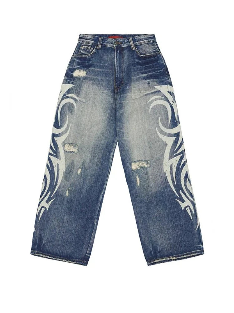 Jeans Vintage Y2k Strappati Deeptown per Donna, Pantaloni in Denim Blu Larghi con Stampa Harajuku, Stile Hip Hop Grunge Streetwear