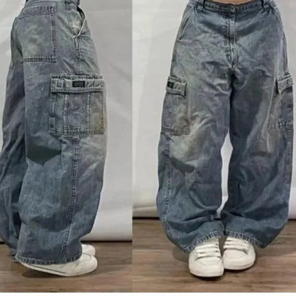Street Vintage Jeans New Y2K Harajuku Wash Blue Multiple pockets Baggy Jeans Denim Pants Mens Womens High Waist Wide Trousers PlatiNum