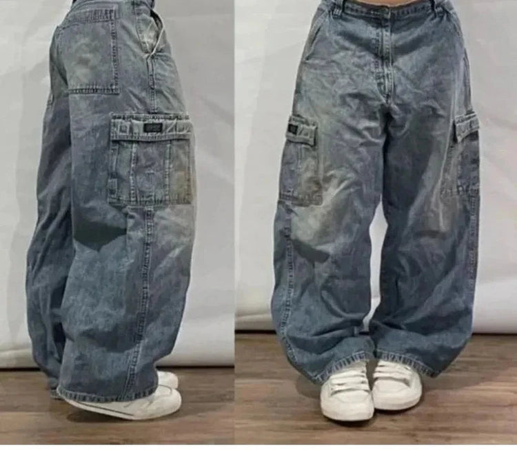 Street Vintage Jeans New Y2K Harajuku Wash Blue Multiple pockets Baggy Jeans Denim Pants Mens Womens High Waist Wide Trousers PlatiNum