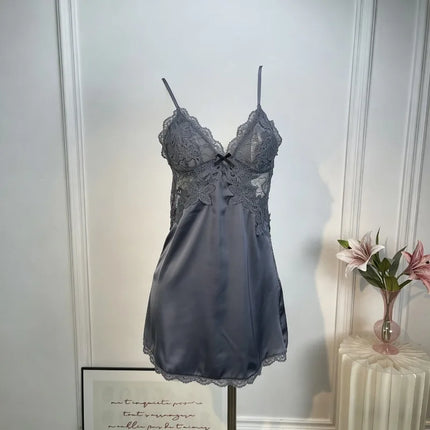 Women's Satin Nightgown with Built-in Padding and Waist Tie, Open Neckline Design, One-Piece Homewear