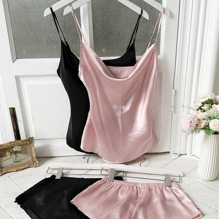 Set pigiama in raso solido Sexy da donna estivo Top e pantaloncini set di quattro pezzi morbido e confortevole