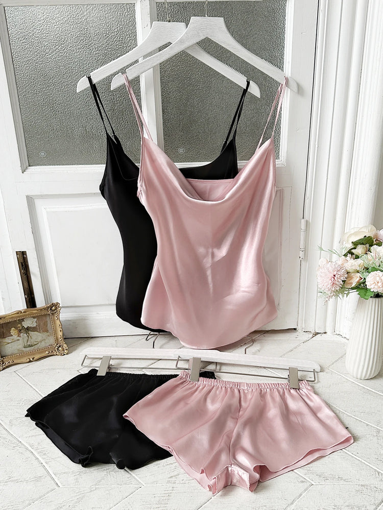 Set pigiama in raso solido Sexy da donna estivo Top e pantaloncini set di quattro pezzi morbido e confortevole