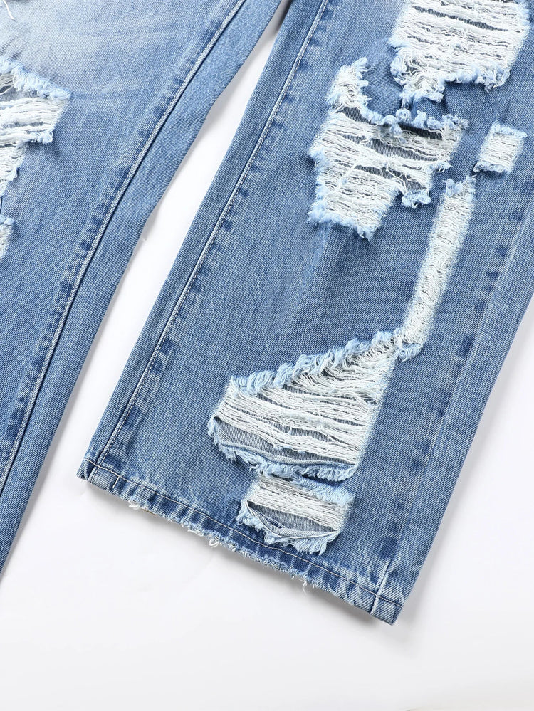 Men's Ripped Baggy Jeans Loose Fit Distressed Denim Pants Light Wash Y2K Streetwear Wide Leg Style PlatiNum