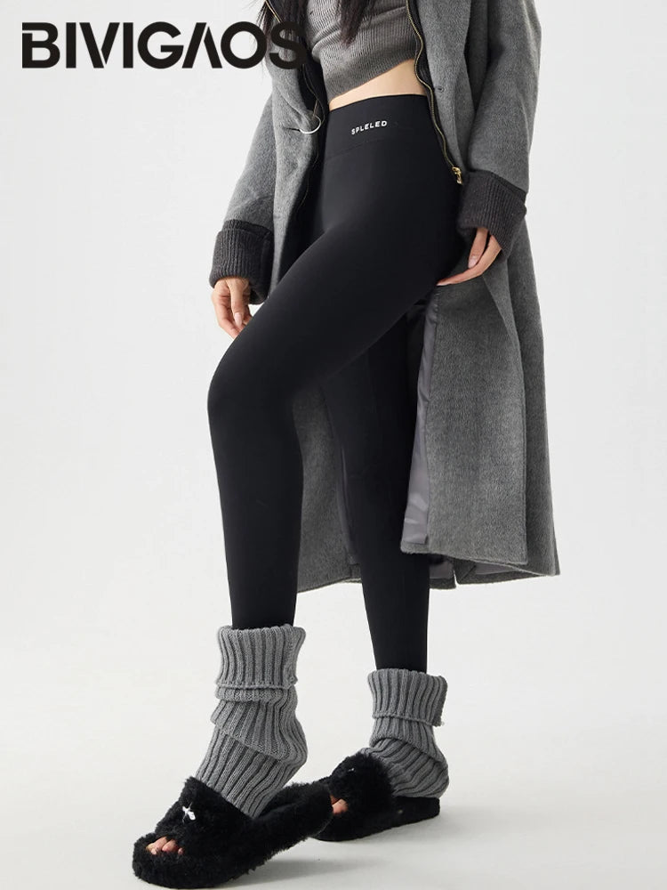 BIVIGAOS Autumn Winter Thick Foot Pants Sharkskin Leggings Women's Rabbit Fleece Warm Leggings High Waist Elastic Non Trace Yoga