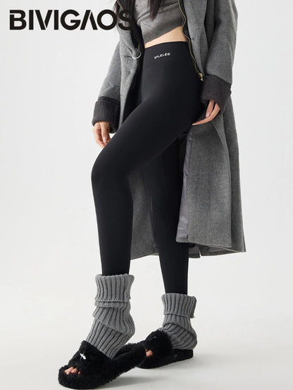 BIVIGAOS Autumn Winter Thick Foot Pants Sharkskin Leggings Women's Rabbit Fleece Warm Leggings High Waist Elastic Non Trace Yoga