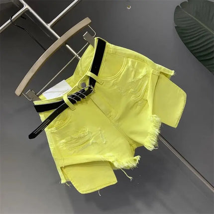 New style ripped denim shorts with frayed washed pockets and wide legs