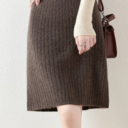 Women's Knitted Skirt 100% Merino Wool Sheath Skirt Solid Color Autumn/Winter Fashion Vertical Strip Wrap Hip Skirt Split Skirt PlatiNum
