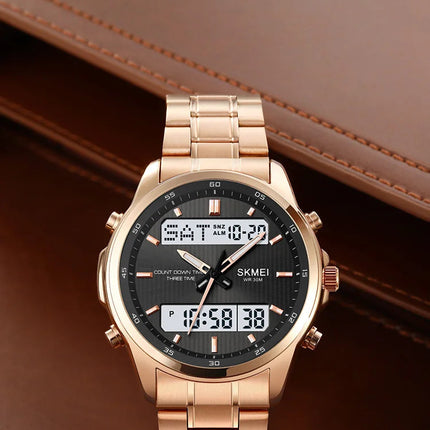 Skmei orologio da polso analogico al quarzo da uomo cinturino in acciaio inossidabile di lusso Led impermeabile digitale sportivo sveglia a tre fusi orari platinumshop
