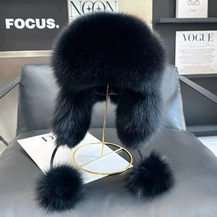 2026 100% Real Fox Fur Hats Women's Russian Ushanka Aviator Trapper Snow Skiing Hat Caps Earflap Winter Raccoon Fur Outerwear Ha