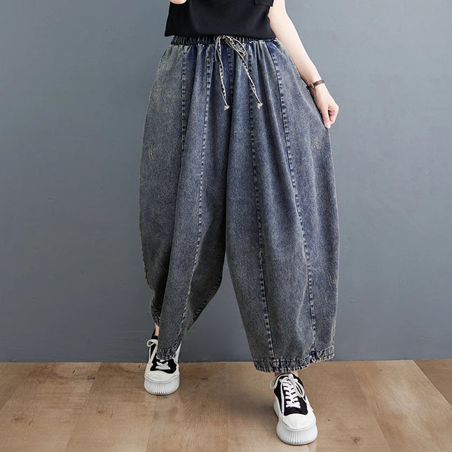 508 primavera estate nuovi Jeans larghi 100kg per le donne coulisse semplice tinta unita nero Vintag
