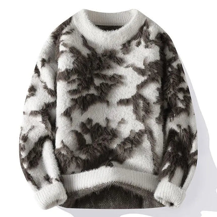 Men Jacquard Furry Sweater Long Sleeve Thick Print Faux Mink Velvet Knit Dyed Pullover O Neck High Street Warm Sweater Jumpers