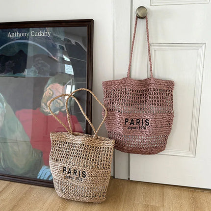 Hylhexyr Women's Letter Embroidered Shoulder Bag Woven Straw Bag Large Capacity Empty Holiday Beach Bags