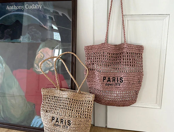 Hylhexyr Women's Letter Embroidered Shoulder Bag Woven Straw Bag Large Capacity Empty Holiday Beach Bags