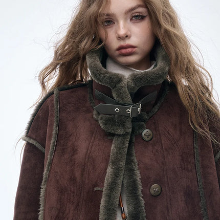 ELFSACK Women's Vintage Suede Plush Winter Coat 2025, Loose Turn-Down Collar Blend Jacket, Casual Versatile Outerwear