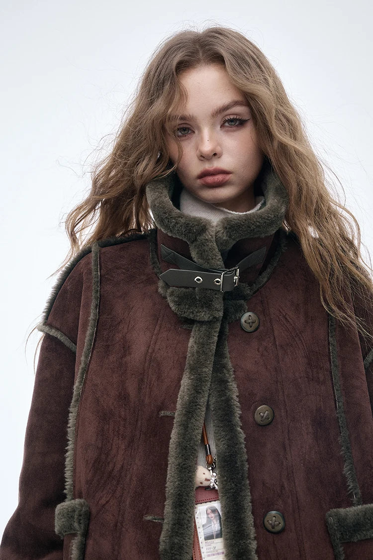 ELFSACK Women's Vintage Suede Plush Winter Coat 2025, Loose Turn-Down Collar Blend Jacket, Casual Versatile Outerwear