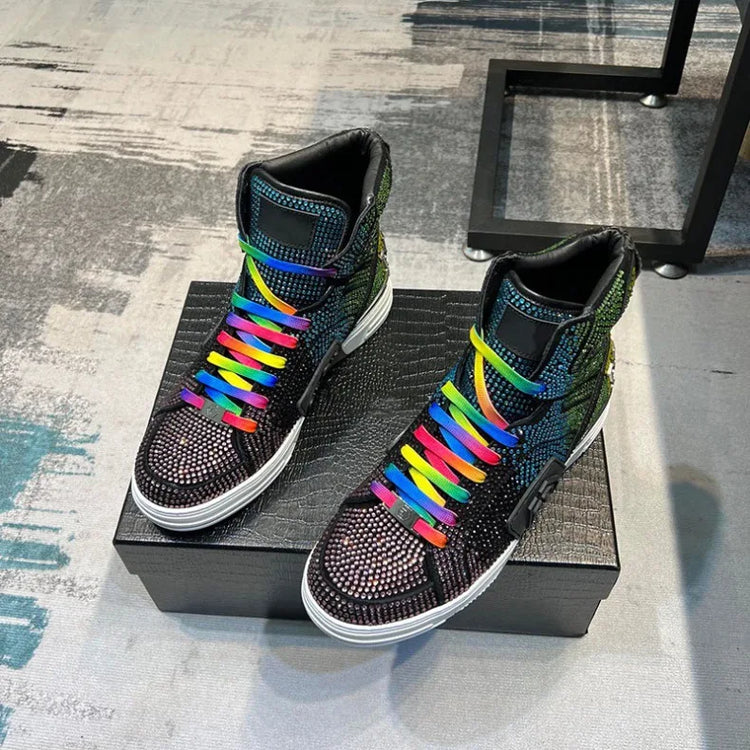 Luxury Designer's Autumn Winter New Men's Sneakers Water Diamond High Top Men's Running Shoes Fashion Leather Casual Short Boots