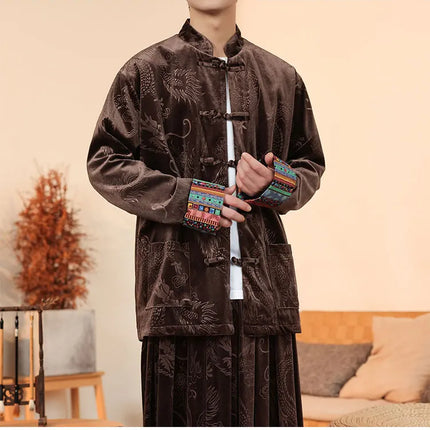 Giacca in velluto da uomo in stile cinese con stampa drago camicie da uomo tradizionale abito Tang Kung Fu Tai Chi camicie casual retrò abbigliamento da uomo