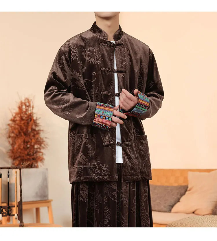Giacca in velluto da uomo in stile cinese con stampa drago camicie da uomo tradizionale abito Tang Kung Fu Tai Chi camicie casual retrò abbigliamento da uomo