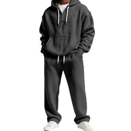 Autumn and Winter Waffle Hooded Sweatshirt Sweatpants Set 3D Printed Casual Sports Suit Men PlatiNum