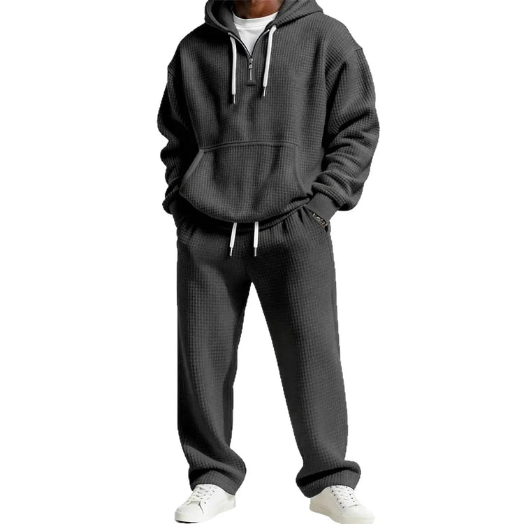 Autumn and Winter Waffle Hooded Sweatshirt Sweatpants Set 3D Printed Casual Sports Suit Men PlatiNum