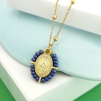 QMHJE Collana con ciondolo Vergine Maria Collana da donna con croce Girocollo Perline Catena in acciaio inossidabile Colore oro Boho Bianco Nero Rosa