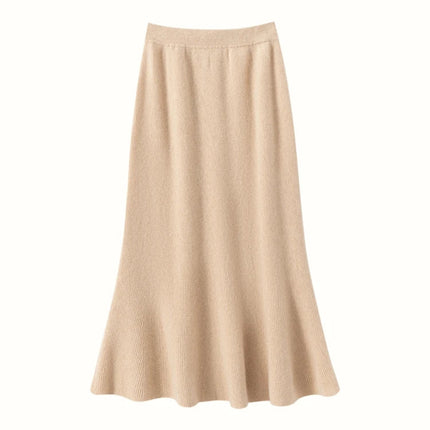 Autumn Winter Women New 100% Cashmere Fishtail Skirt  Mid Length Slimming High Waisted Knitted Umbrella Skirt Elegant Dress PlatiNum