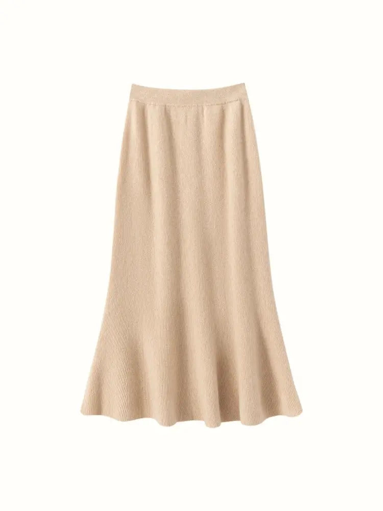 Autumn Winter Women New 100% Cashmere Fishtail Skirt  Mid Length Slimming High Waisted Knitted Umbrella Skirt Elegant Dress PlatiNum