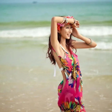 Copricostumi stampati Abito da spiaggia sexy Donna Halter Sling Chiffon Asciugamano da spiaggia Bikini Wrap Pareo Gonne Costumi da bagno aperti sul retro platinumshop