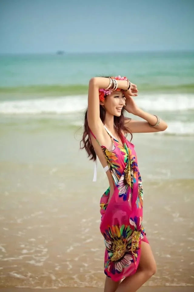 Copricostumi stampati Abito da spiaggia sexy Donna Halter Sling Chiffon Asciugamano da spiaggia Bikini Wrap Pareo Gonne Costumi da bagno aperti sul retro platinumshop