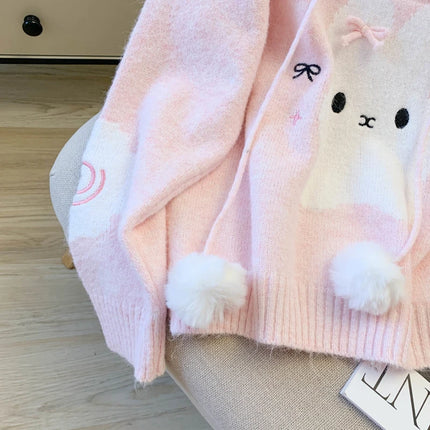 Women's Pink Hooded Long Sleeve Cute Overhead Sweater Y2K Japanese Style 2000S College Retro Autumn Winter Warm Sweater Clothes