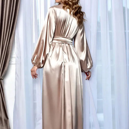 Abito lungo in kimono di raso Maxi boudoir con maniche a sbuffo Vestaglia da sposa per la lunghezza del pavimento della luna di miele Abiti pronti Abito da mattina