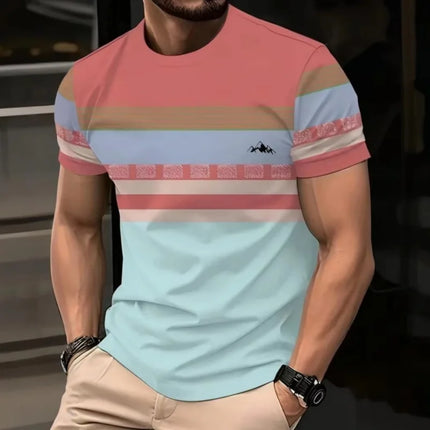 T-shirt con giunture geometriche stampate in 3D per uomo T-shirt con motivo a strisce colorate T-shirt casual estive con o-collo maniche corte larghe