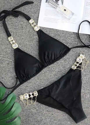 Catene di metallo con scollo all'americana Strass Diamante Bikini Costume da bagno donna Costumi da bagno femminili Due pezzi Bikini set Costume da bagno brasiliano Swim platinumshop