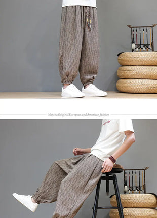 Men's Corduroy Chinese Style Wide Leg Trousers, Lantern Pants, Comfortable and Breathable for Autumn and Winter, Casual Joggers