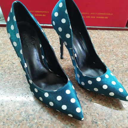 New round polka dot silk high heels with pointed toe, shallow mouth, thin heel 12cm Sexy French Girl Single Shoes PlatiNum