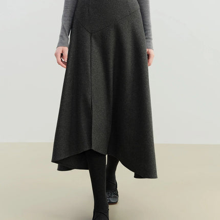 ZIQIAO 2025 Winter Women's High Waist A-Line Midi Skirt Asymmetrical Seam Design - Unique Cutout Detail for Casual Office Wear PlatiNum